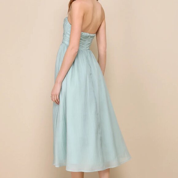 Fairytale Design Sage Green Organza Strapless A-Line Midi Dress - Picture 3 of 4
